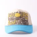 Trendy Kountry letter print trucker hat with breathable mesh and curved brim for outdoor wear. - Adjustable / Fun Expressions - Beige & Blue