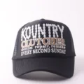 Detailed front view of the black mesh baseball cap featuring stylish custom letter embroidery. - Adjustable / Multi-row Printed Letters - Black