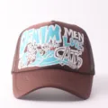 Brown trucker baseball cap with mesh back and stylish graffiti letter print for outdoor wear. - Adjustable / LOVESCATS - Coffee
