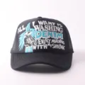 Black trucker baseball cap with front embroidered letter graphic, breathable mesh outdoor hat. - Adjustable / DENTM - Black