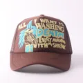 Brown trucker baseball hat with stylish English graphic print, breathable mesh back for outdoor wear. - Adjustable / DENTM - Coffee