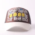 Casual brown and white trucker hat with embroidered smiley faces and cool streetwear letters. - Adjustable / Button Smiley Face - Coffee and Beige