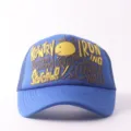 Blue trucker hat with trendy front print, breathable mesh back, and stylish streetwear look. - Adjustable / Fun Expressions - Royal Blue