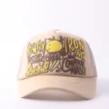 Khaki trucker baseball cap with playful front graphic print, breathable mesh back for outdoor. - Adjustable / Fun Expressions - Khaki