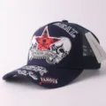 Casquette de baseball en maille bleu marine avec broderie tete de mort, snapback respirante. - Réglable / Crâne à étoile rouge - Bleu marine