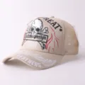 Khaki mesh baseball cap with skull embroidery, breathable trucker hat for men and outdoor wear - Adjustable / Large Skull & Letters - Beige