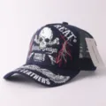 Men's navy blue embroidered skull trucker hat with breathable mesh back and cool design. - Adjustable / Large Skull & Letters - Navy Blue