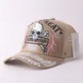 Khaki mesh baseball cap with stylish skull embroidery, breathable trucker hat for men and women. - Adjustable / Large Skull & Letters - Khaki