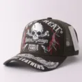 Casquette de baseball brodée tête de mort vert militaire, casquette trucker en filet respirant. - Réglable / Grand crâne et lettres - vert foncé