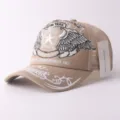 Casquette de baseball en maille beige avec broderie vintage, chapeau trucker respirant mode. - Réglable / Ailes d'étoile - Kaki