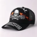 Casquette de baseball brodée tête de mort avec mesh respirant, chapeau style punk tendance. - Réglable / Crâne enflammé - Noir