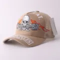 Casquette trucker brodée de crâne vintage pour homme casquette de baseball en mesh respirant - Réglable / Crâne enflammé - Kaki