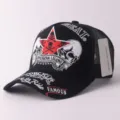 Casquette trucker brodée tête de mort noire, casquette de baseball respirante style punk. - Réglable / Crâne à étoile rouge - Noir