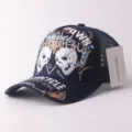 Casquette trucker brodée tête de mort rétro pour homme, casquette mesh streetwear stylée. - Réglable / Doubles crânes face à face - Bleu marine
