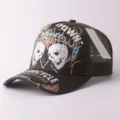 Casquette trucker marron brodée de tête de mort, casquette de baseball en mesh respirant style vintage. - Réglable / Doubles crânes face à face - Vert foncé