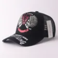 Casquette trucker noire avec broderie tête de mort, dos en mesh respirant, casquette de baseball streetwear. - Réglable / Tête de dragon de feu - Noir