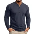 Herren Langarm Henley Shirt schmale Passform Baumwolle Knopfleiste Oberteil Herbst Mode - Marineblau