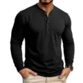 Herren schwarzes Langarm Henley Shirt Detailansicht, lässiges Baumwoll Oberteil. - Schwarz