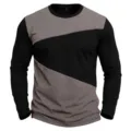 Dettaglio primo piano t-shirt manica lunga color block uomo, top collo a O slim. - Taglia S / Grigio