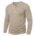 Herren Langarm Henley Shirt khaki lässiges Top mit Kontrastnähten und Knopfleiste. - S / Aprikose