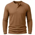 Mens long sleeve waffle knit Henley shirt casual three button basic top in brown color - S / Khaki