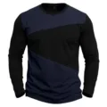 Primo piano dettagliato della t-shirt uomo a maniche lunghe color block con pannelli a contrasto. - Blu zaffiro