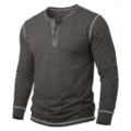 Men's long sleeve Henley shirt casual dark grey pullover top with contrast stitching - Dark Gray