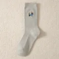 Women grey ribbed cotton mid-tube socks with cat embroidery for autumn winter daily wear. - 35-39 / Light Gray