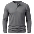 Men long sleeve waffle knit Henley shirt grey basic top casual clothing detail view - S / Gray