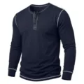 Men's long sleeve Henley shirt dark blue contrast stitching casual top for autumn winter. - Sapphire Blue