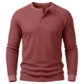 Close-up of men's waffle knit long sleeve Henley shirt with three button placket texture. - S / Rust Red