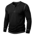 Men's long sleeve black Henley shirt with stylish contrast white stitching and button placket. - Black