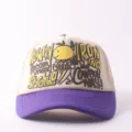 Beige and purple mesh trucker hat with smiley graphic and letter print for outdoor. - Adjustable / Fun Expressions - Beige & Purple