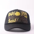 Black trucker hat with vintage yellow letters and smiley face graphic for outdoor style. - Adjustable / Fun Expressions - Solid Black