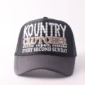 Black trucker cap with stylish front text print, breathable mesh back, adjustable snapback closure. - Adjustable / Multi-row Printed Letters - Black & Grey