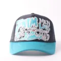 Men fashion breathable mesh baseball hat with stylish front denim letters embroidery design. - Adjustable / LOVESCATS - Black & Blue