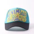Fashionable blue mesh baseball cap with stylish front embroidery letter and cute cartoon graphic. - Adjustable / LOVESCATS - Blue & Black