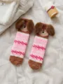 Niedliche Plüsch Dackel Socken mit 3D Ohren, dicke kuschelige rosa gestreifte Wintersocken Damen. - Einheitsgröße / Welle