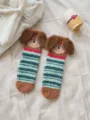 Süße Plüsch-Damen-Wintersocken mit Hundearöhren dicke warme Korallenfleece-Bodensocken - Einheitsgröße / Gestreift