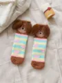 Flauschige Korallenvlies Socken mit 3D Hundeohren und bunten Streifen für warme Wintertage. - Einheitsgröße / Schleife