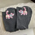 Cute 3D cat fuzzy ball grey crew socks for women, kawaii cartoon funny kitten hosiery. - Women's Size 35-39 / Dark Gray