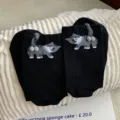 Black mid-calf socks featuring cute 3D grey cat design with playful fluffy balls, comfortable. - Women's Size 35-39 / Black