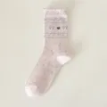 Pink knit socks with cute bow heart pattern and ruffles, soft cotton variant for women. - One Size / Pink
