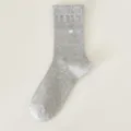Grey cotton mid-calf socks with cute ruffles, knitted bows and heart pattern for women. - One Size / Light Gray