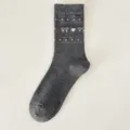 Grey women's cotton crew socks featuring cute pink bow and white heart knit patterns. - One Size / Dark Gray