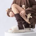 Brown knitted leg warmers for women slouch socks fuzzy slippers cozy winter y2k fashion wear - Coffee