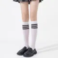 Japanese style JK uniform knee high socks with three stripes, thin velvet calf socks for women. - Calf Socks / White Base Black Bow