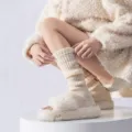 Beige knitted leg warmers with cozy fuzzy slippers, warm winter y2k fashion footwear. - Off White