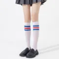 White velvet calf socks with blue and red stripes, JK student style variant for women. - Calf Socks / Red Blue Striped
