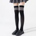 Black velvet three-stripe high socks for women, classic Japanese JK style student tube socks. - Over-the-Knee Socks / Black